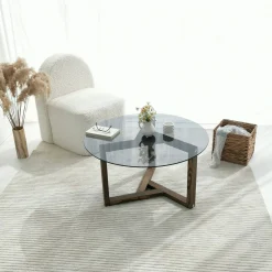 Tavolino da Salotto Grigio Noce Effetto Fume Forma Rotonda 75x75x40h cm, Materiale Struttura in Vetro - Luigia