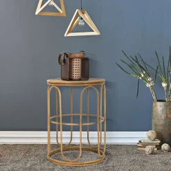 Tavolino da Salotto Marrone Effetto Rattan Forma Rotondo 40x40x55h cm, Colore Ripiano Marrone - Socotr