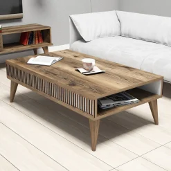 Tavolino da Salotto Marrone Noce Bianco con Piedini un Vano 105x60x35h cm, Forma Rettangolare - Sangiano