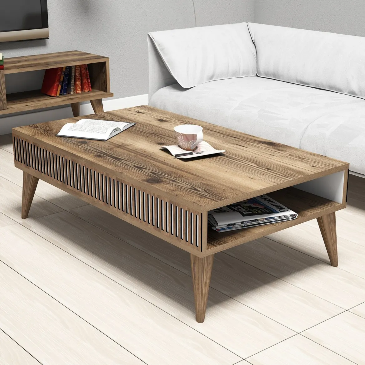 Tavolino da Salotto Marrone Noce Bianco con Piedini un Vano 105x60x35h cm, Forma Rettangolare - Sangiano