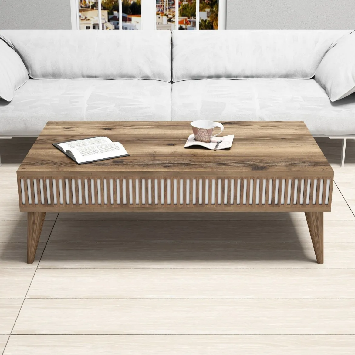 Tavolino da Salotto Marrone Noce Bianco con Piedini un Vano 105x60x35h cm, Forma Rettangolare - Sangiano