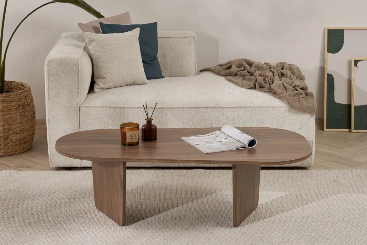 Tavolino da Salotto Marrone Noce Forma Ovale Materiale Piano in Legno Nobilitato 130x65x40h cm, Colore Ripiano Marrone - Dozza