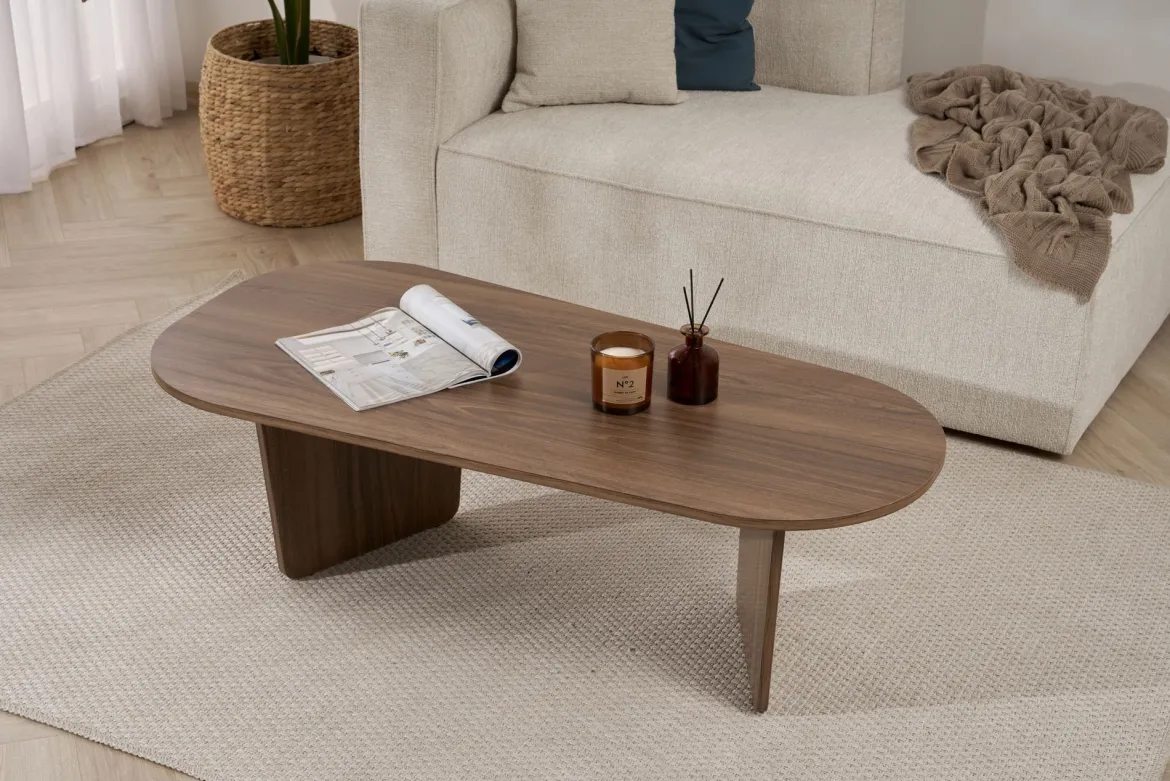 Tavolino da Salotto Marrone Noce Forma Ovale Materiale Piano in Legno Nobilitato 130x65x40h cm, Colore Ripiano Marrone - Dozza