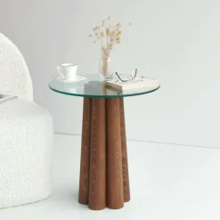 Tavolino da Salotto Marrone Noce Forma Rotonda Materiale Piano in Vetro 45x50x50h cm, Colore Ripiano Trasparente - Brasilia