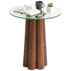 Tavolino da Salotto Marrone Noce Forma Rotonda Materiale Piano in Vetro 45x50x50h cm, Colore Ripiano Trasparente - Brasilia