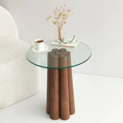Tavolino da Salotto Marrone Noce Forma Rotonda Materiale Piano in Vetro 75x75x40h cm, Colore Ripiano Trasparente - Luigia
