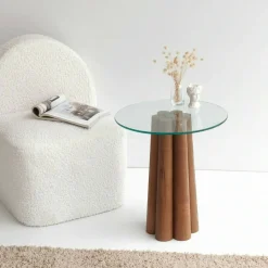 Tavolino da Salotto Marrone Noce Forma Rotonda Materiale Piano in Vetro 75x75x40h cm, Colore Ripiano Trasparente - Luigia