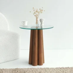 Tavolino da Salotto Marrone Noce Forma Rotonda Materiale Piano in Vetro 75x75x40h cm, Colore Ripiano Trasparente - Luigia