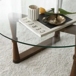 Tavolino da Salotto Marrone Noce Forma Rotonda Materiale Piano in Vetro 80x80x41h cm, Colore Ripiano Trasparente - Belvi