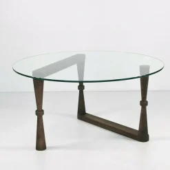Tavolino da Salotto Marrone Noce Forma Rotonda Materiale Piano in Vetro 80x80x41h cm, Colore Ripiano Trasparente - Belvi