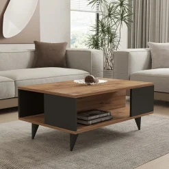 Tavolino da Salotto Marrone Noce Nero Forma Quadrato Materiale Piano in Legno Nobilitato 100x100x32h cm, Sfumatura Colore Struttura Noce - Sostene