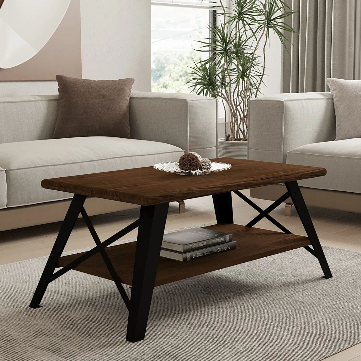 Tavolino da Salotto Marrone Noce Nero con Piedini un Vano 98x50x43h cm, Forma Rettangolare - Nardi