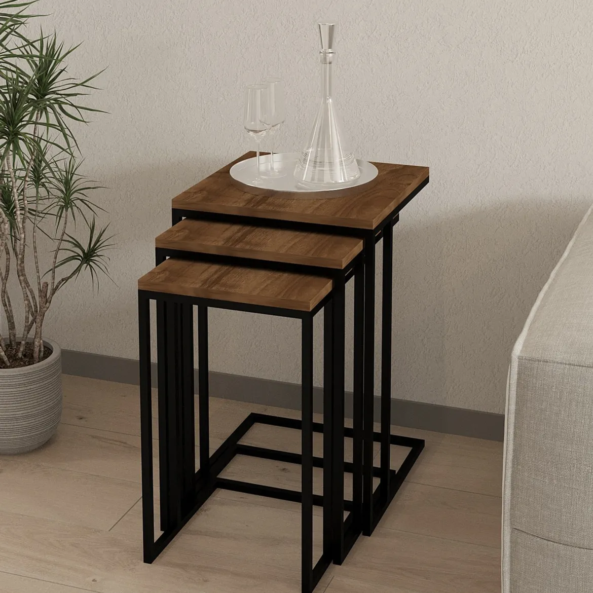 Tavolino da Salotto Marrone Noce Nero set 3 Pezzi Forma Rettangolare 40x40x62h cm, Colore Ripiano Marrone - Zignago