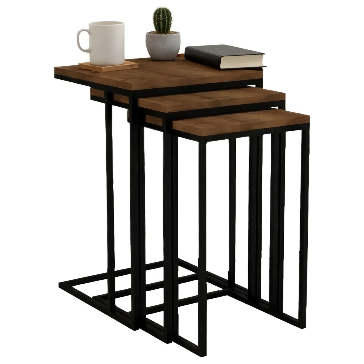 Tavolino da Salotto Marrone Noce Nero set 3 Pezzi Forma Rettangolare 40x40x62h cm, Colore Ripiano Marrone - Zignago