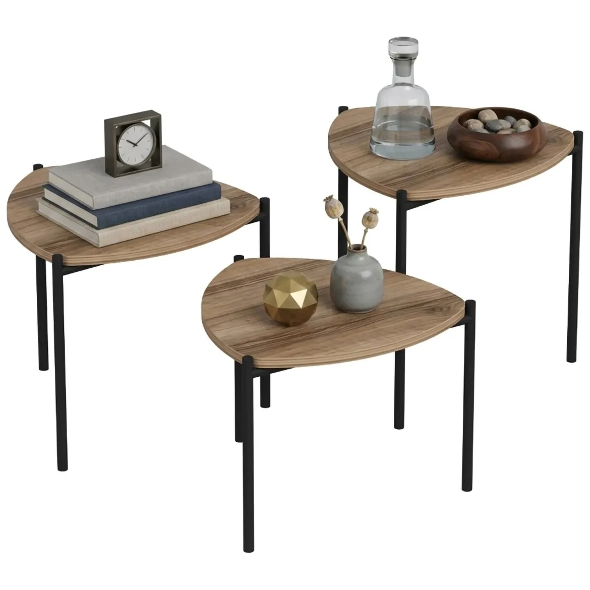 Tavolino da Salotto Marrone Noce Nero set 3 Pezzi Forma Triangolare 45x45x45h cm, Colore Ripiano Marrone - Carro