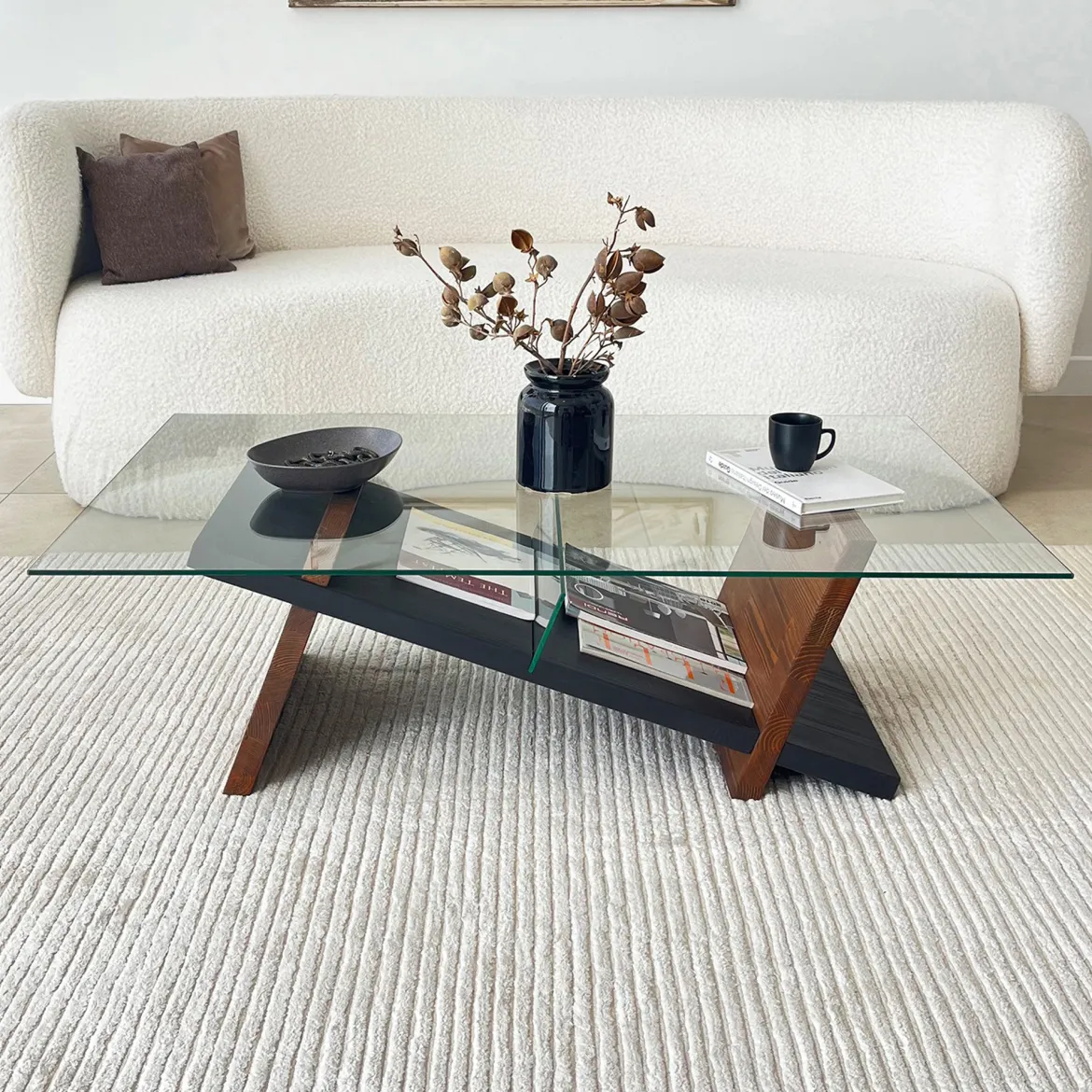 Tavolino da Salotto Marrone Noce Nero un Vano Forma Rettangolare 105x65x31h cm, Colore Ripiano Trasparente - Incarico