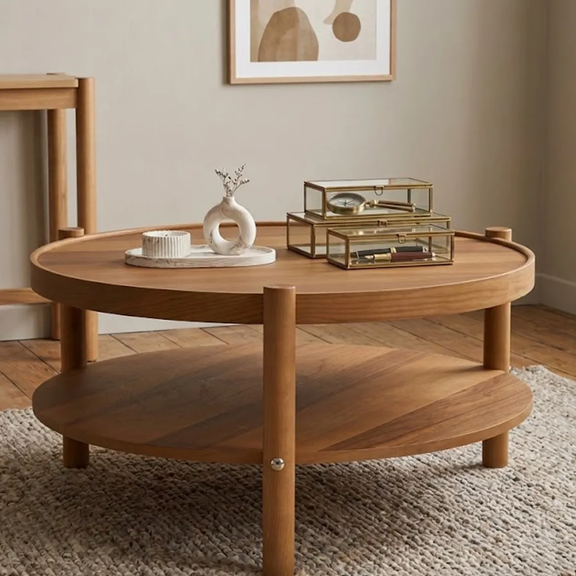 Tavolino da Salotto Marrone Noce un Vano Piano in Vetro Temperato 100x100x46h cm, Forma Rotondo - Canterano