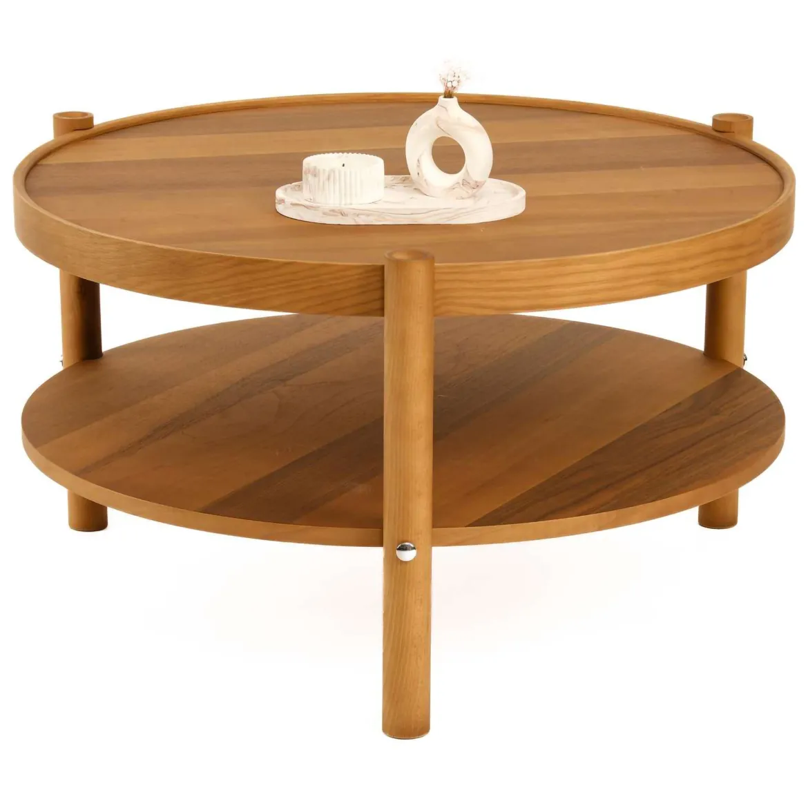 Tavolino da Salotto Marrone Noce un Vano Piano in Vetro Temperato 100x100x46h cm, Forma Rotondo - Canterano