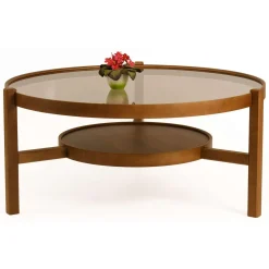 Tavolino da Salotto Marrone Noce un Vano Piano in Vetro Temperato 100x100x48h cm, Forma Rotondo - Olzai
