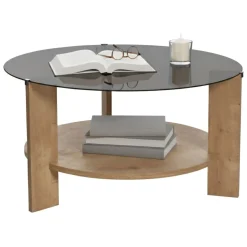 Tavolino da Salotto Marrone Rovere Forma Rotondo Colore Ripiano Trasparente 75x75x40h cm, Sfumatura Colore Struttura Rovere - Canevino