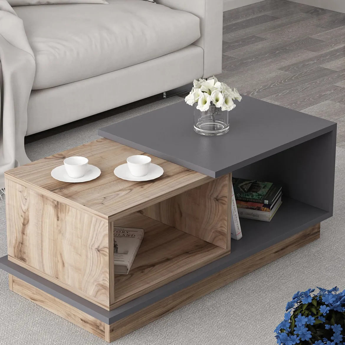 Tavolino da Salotto Marrone Rovere Nero Antracite 2 Vani Modulabile 90x45x36h cm, Forma Rettangolare - Chiavari