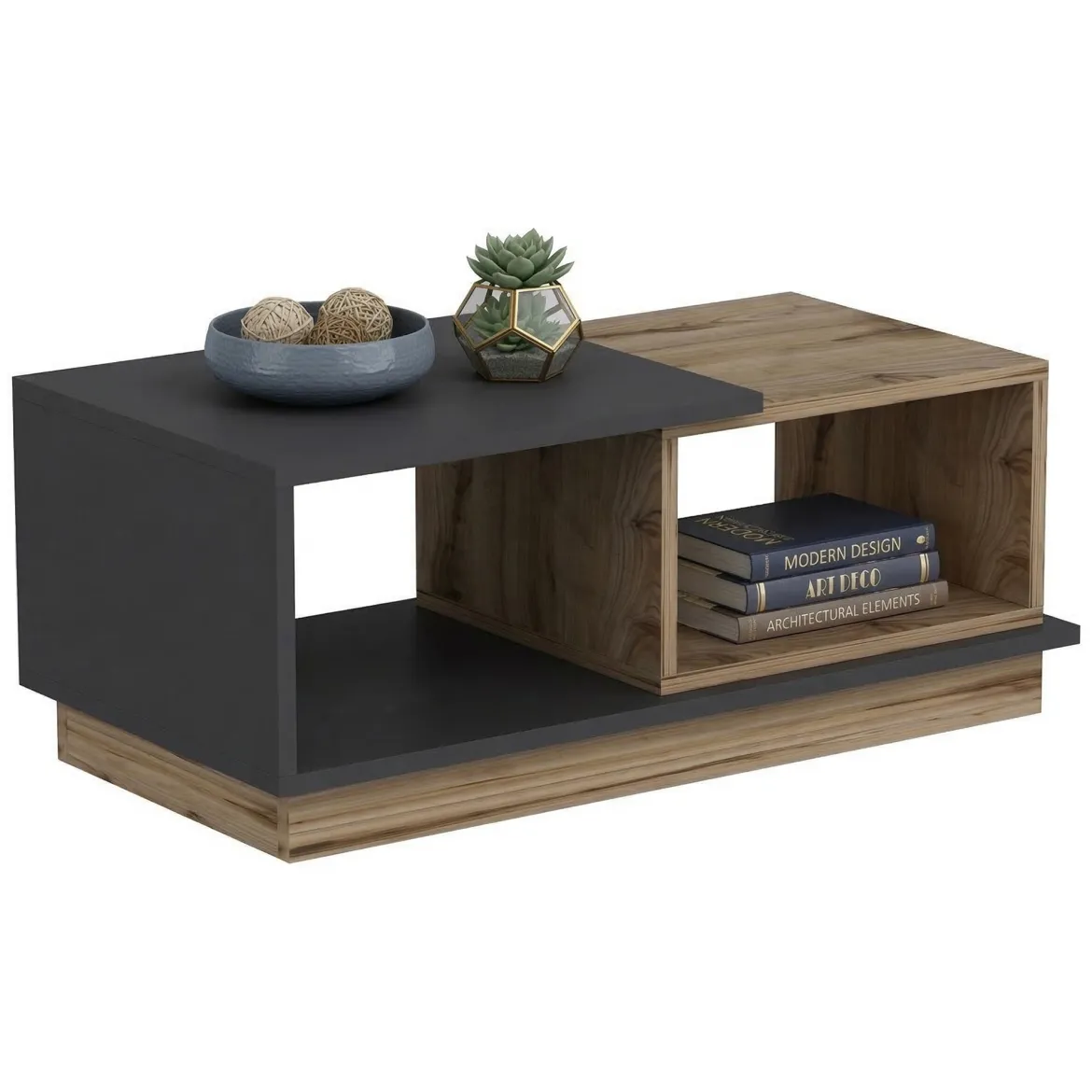 Tavolino da Salotto Marrone Rovere Nero Antracite 2 Vani Modulabile 90x45x36h cm, Forma Rettangolare - Chiavari