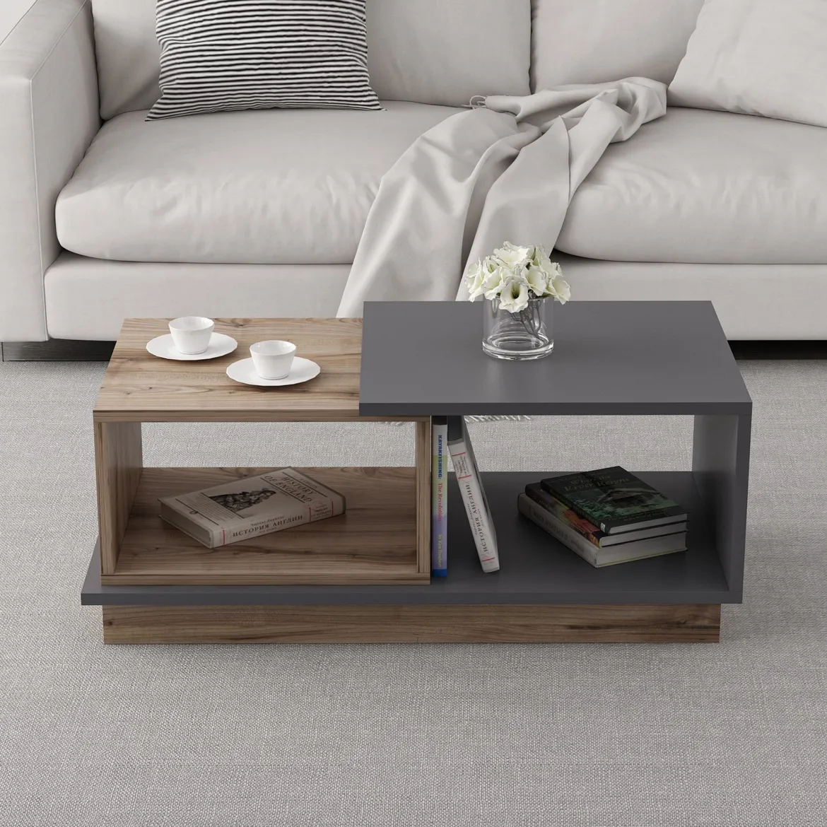Tavolino da Salotto Marrone Rovere Nero Antracite 2 Vani Modulabile 90x45x36h cm, Forma Rettangolare - Chiavari