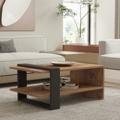 Tavolino da Salotto Marrone Rovere Nero Effetto Paglia di Vienna 3 Vani 60x26x60h cm, Forma Rettangolare - Calvi