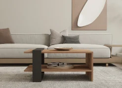 Tavolino da Salotto Marrone Rovere Nero Effetto Paglia di Vienna 3 Vani 60x26x60h cm, Forma Rettangolare - Calvi