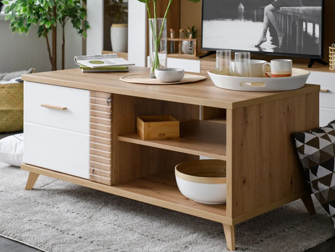 Tavolino da Salotto Marrone Rovere Nodi Cassetti con Piedini 50x100x43h cm, 3 Vani - Fairbury