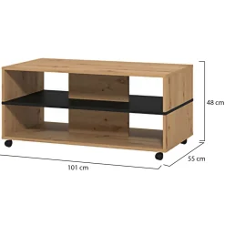 Tavolino da Salotto Marrone Rovere Nodi Nero con Ruote 2 Vani 101x54.5x47.5h cm, Forma Rettangolare - Erice