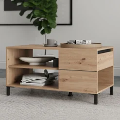 Tavolino da Salotto Marrone Rovere Nodi Nero un Cassetto con Piedini 102x55x52h cm, 3 Vani - Salentina