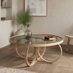Tavolino da Salotto Marrone Rovere Piano in Vetro Temperato Forma Rotondo 100x100x47h cm, Materiale Struttura in Vetro - Gargallo