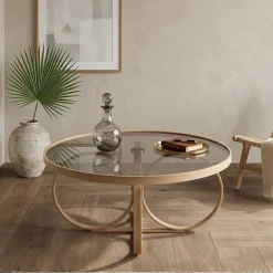 Tavolino da Salotto Marrone Rovere Piano in Vetro Temperato Forma Rotondo 100x100x47h cm, Materiale Struttura in Vetro - Gargallo