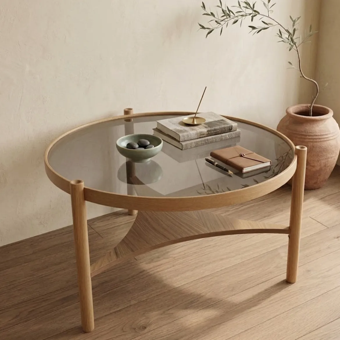 Tavolino da Salotto Marrone Rovere un Vano Piano in Vetro Temperato 100x100x46h cm, Forma Rotondo - Canterano