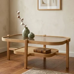 Tavolino da Salotto Marrone Rovere un Vano Piano in Vetro Temperato 110x70x48h cm, Forma Rettangolare - Sorbolo