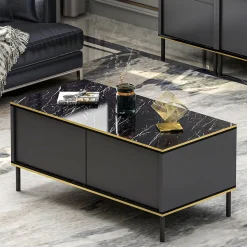 Tavolino da Salotto Nero Antracite oro con Piedini un Vano 90x45x40h cm, Piano Sollevabile - Zerbolo
