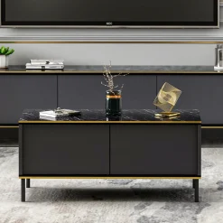 Tavolino da Salotto Nero Antracite oro con Piedini un Vano 90x45x40h cm, Piano Sollevabile - Zerbolo