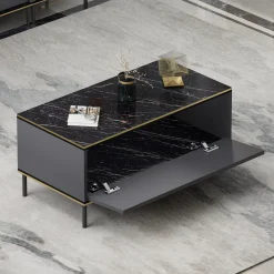 Tavolino da Salotto Nero Antracite oro con Piedini un Vano 90x45x40h cm, Piano Sollevabile - Zerbolo