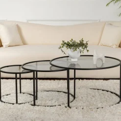 Tavolino da Salotto Nero Forma Circolare Materiale Piano in Vetro 80x80x43h cm, Colore Ripiano Trasparente - Rowan