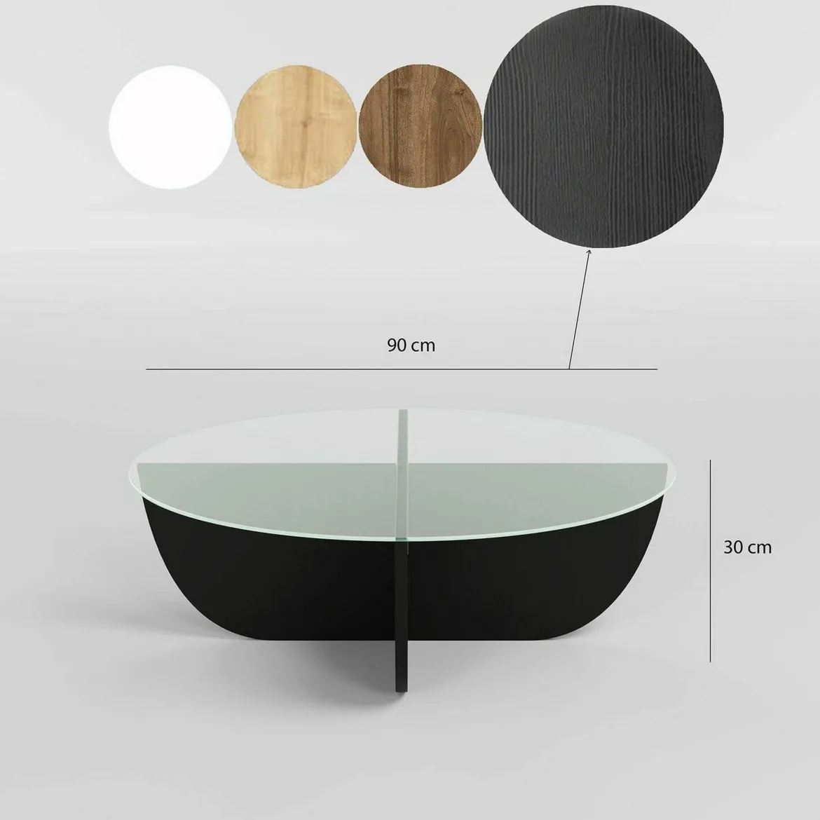 Tavolino da Salotto Nero Forma Rotonda Materiale Piano in Vetro 90x90x30h cm, Colore Ripiano Trasparente - Jolanda