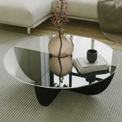 Tavolino da Salotto Nero Forma Rotonda Materiale Piano in Vetro 90x90x30h cm, Colore Ripiano Trasparente - Jolanda