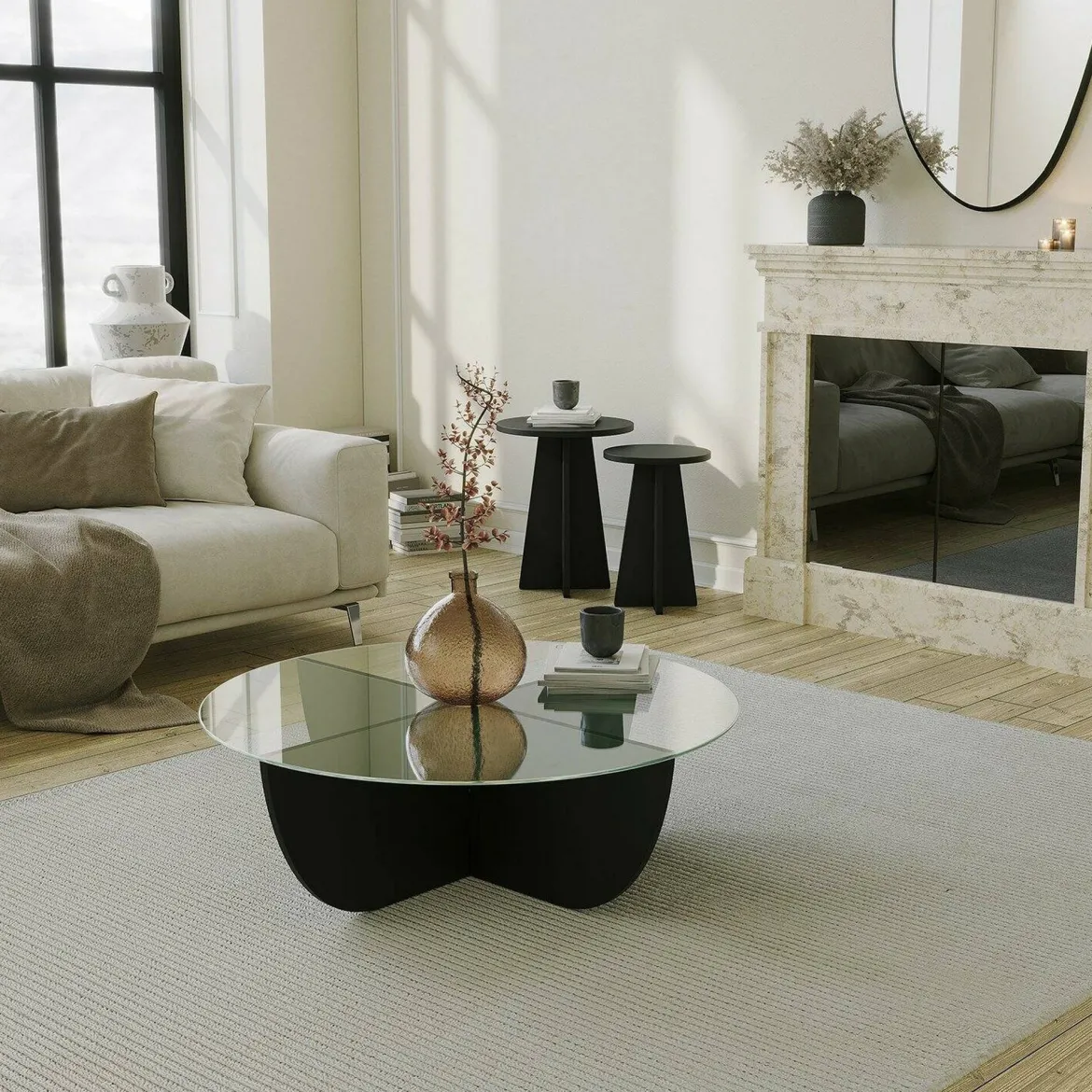 Tavolino da Salotto Nero Forma Rotonda Materiale Piano in Vetro 90x90x30h cm, Colore Ripiano Trasparente - Jolanda