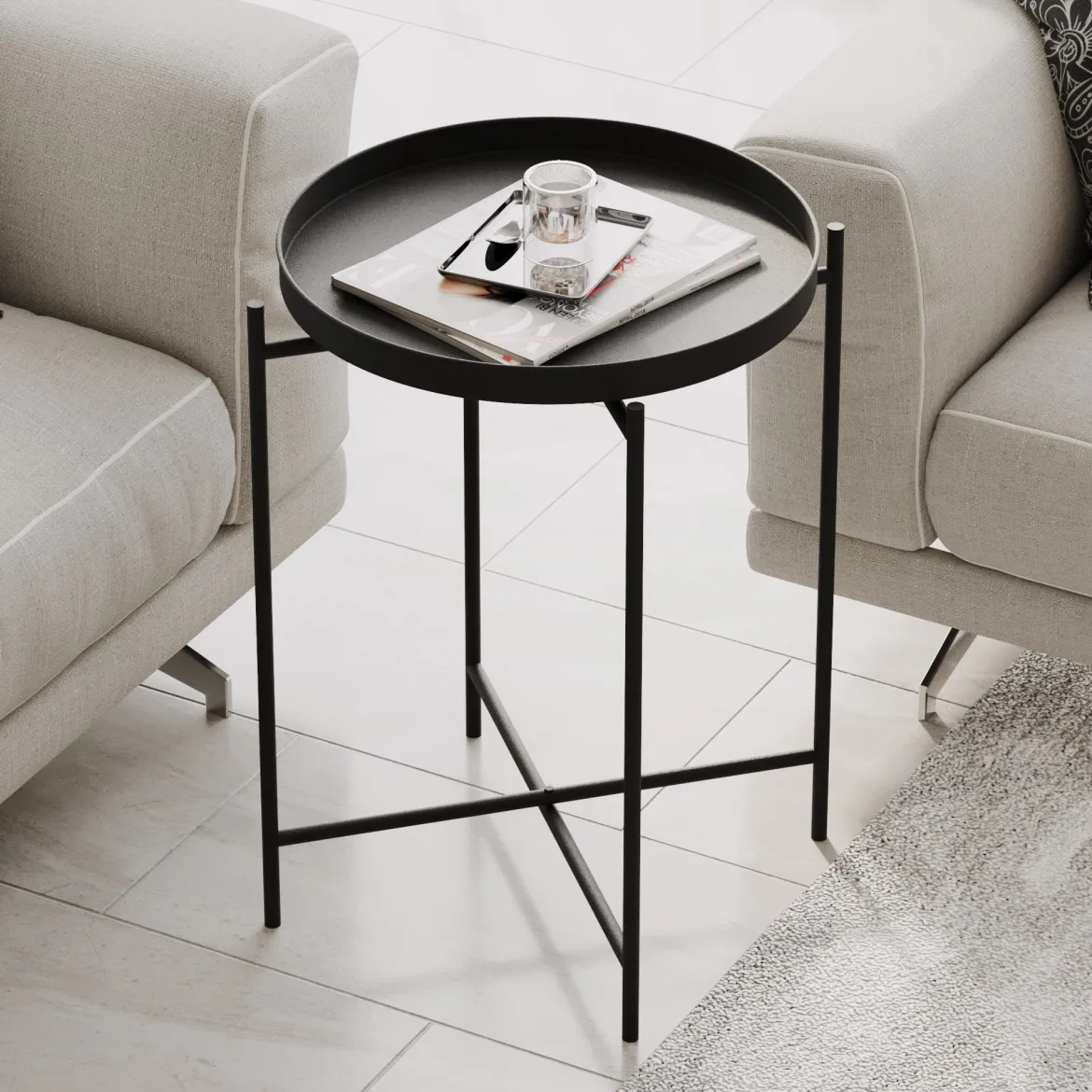 Tavolino da Salotto Nero Forma Rotondo Materiale Piano in Vetro 75x75x35h cm, Colore Ripiano Trasparente - Cugnoli