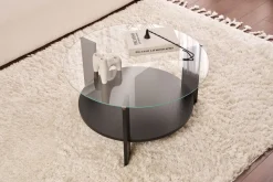 Tavolino da Salotto Nero Forma Rotondo Materiale Piano in Vetro 80x80x43h cm, Colore Ripiano Trasparente - Moena