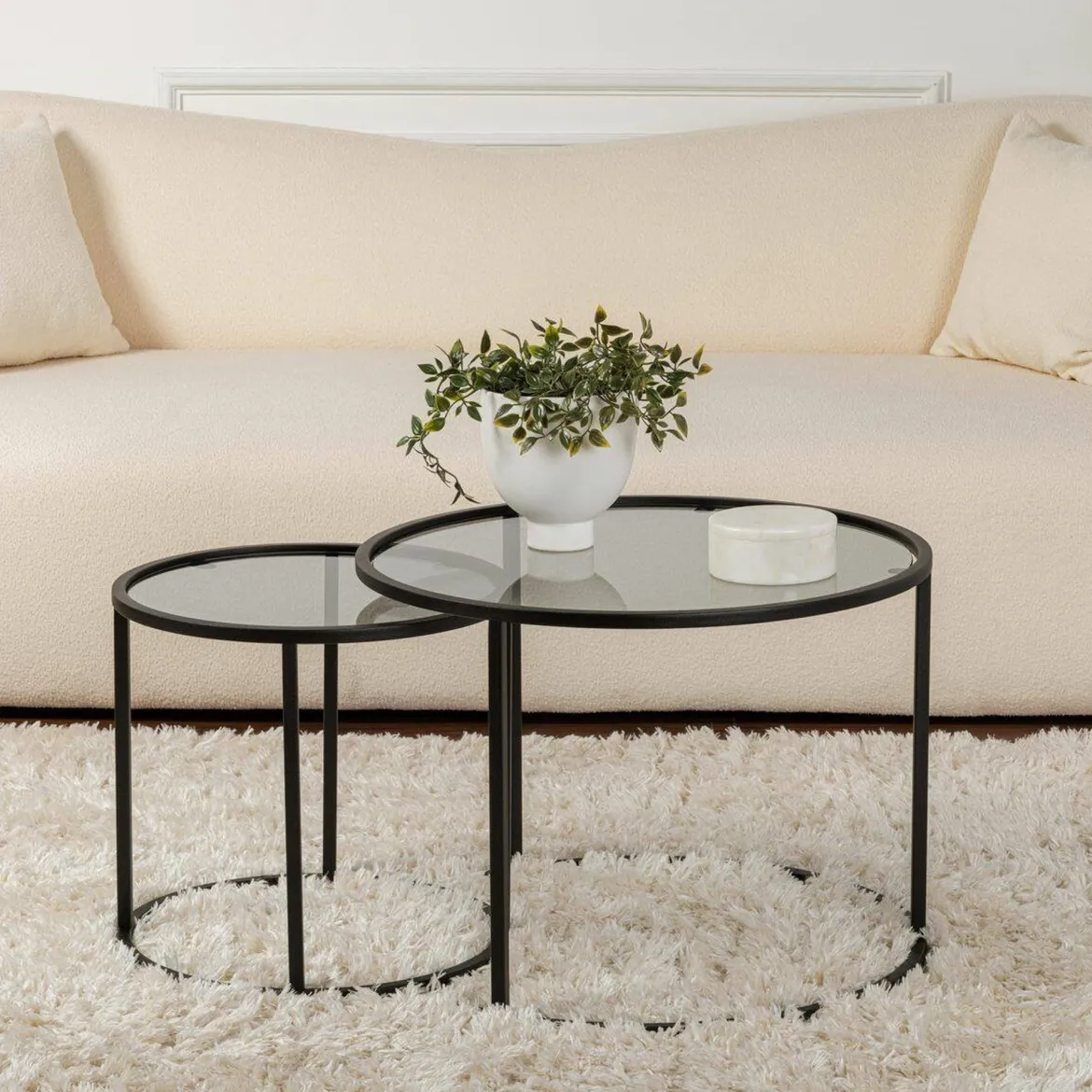 Tavolino da Salotto Nero Grigio set di 2 Tavolini Forma Rotondo 60x60x43h cm, Colore Struttura Grigio - Xaden