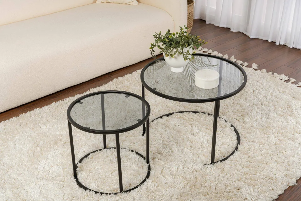 Tavolino da Salotto Nero Grigio set di 2 Tavolini Forma Rotondo 60x60x43h cm, Colore Struttura Grigio - Xaden