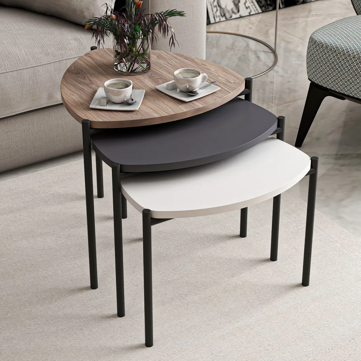 Tavolino da Salotto Nero Marrone Noce set 3 Pezzi Forma Triangolare 45x45x45h cm, Colore Ripiano Marrone - Carro