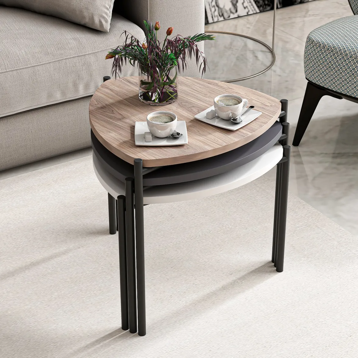 Tavolino da Salotto Nero Marrone Noce set 3 Pezzi Forma Triangolare 45x45x45h cm, Colore Ripiano Marrone - Carro