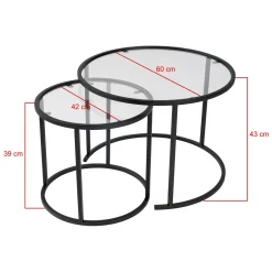Tavolino da Salotto Nero Modulabile Forma Rotondo 80x80x43h cm, Materiale Piano in Vetro - Telti